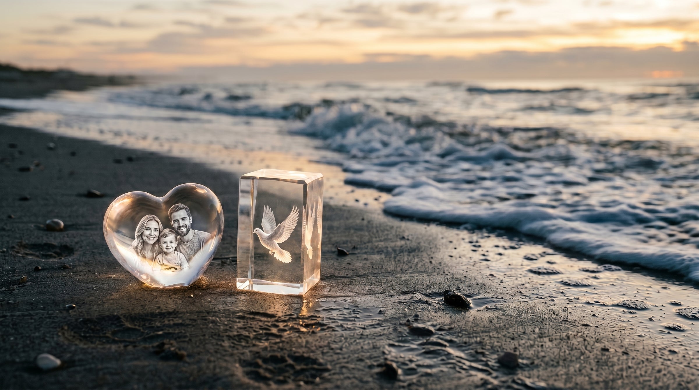 Clearly Crystals hero beach sunset with engraved crystals