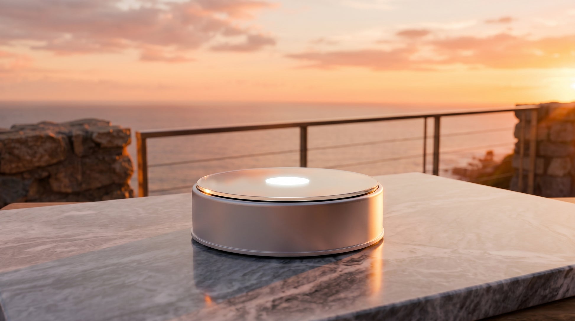 Round Silver Spinning Base coastal sunset product photo