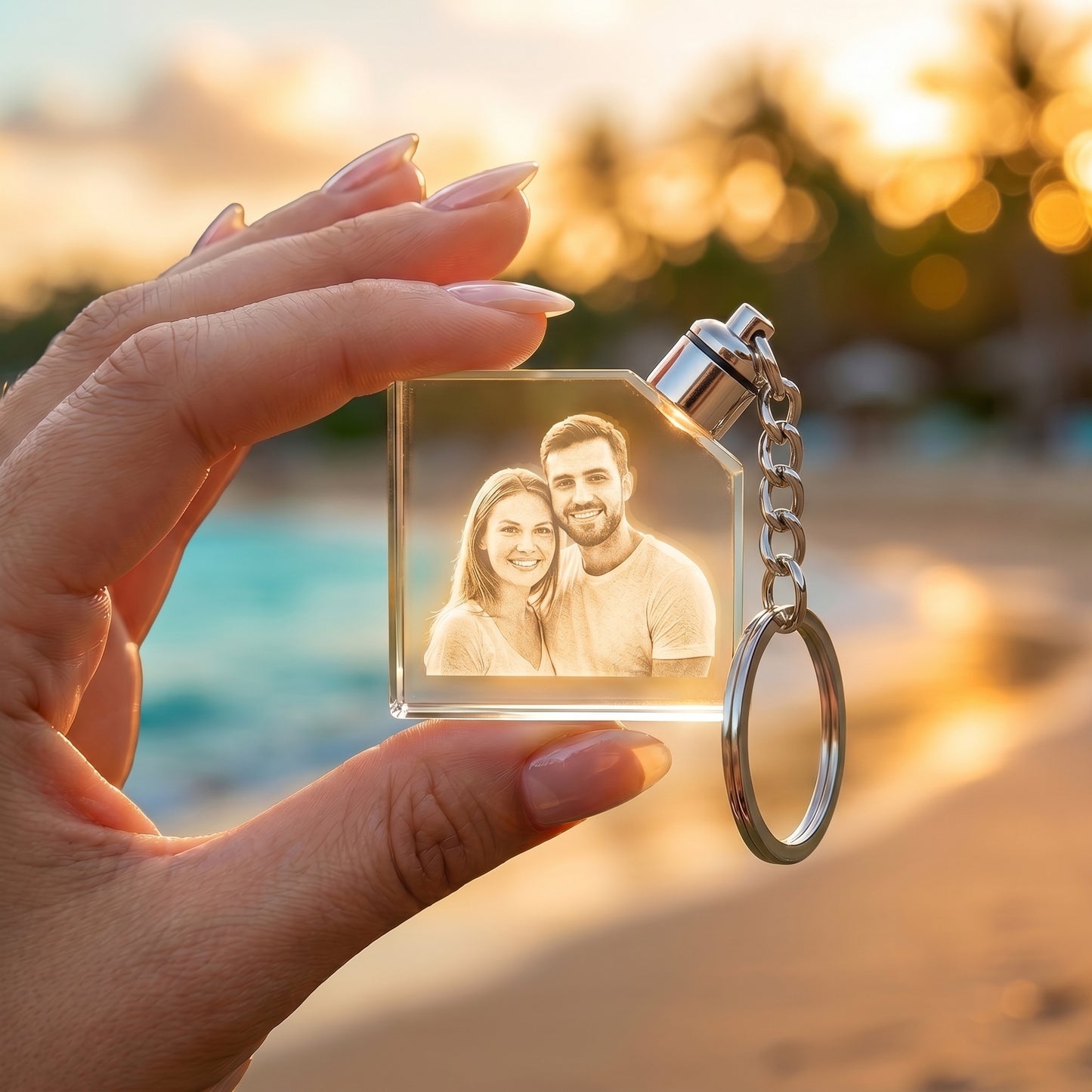 Square Crystal Keychain hand-held beach sunset product photo